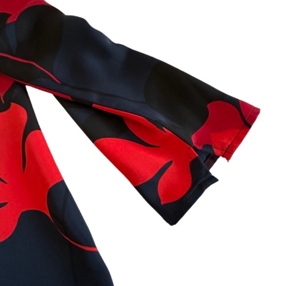 Halogen Women's L Petite Navy Red Floral Print Sleeved Round Neck Midi Dress - Picture 7 of 15